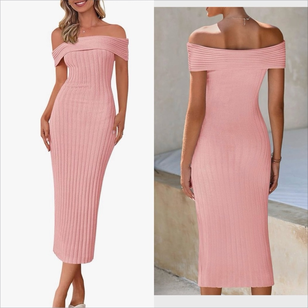 PRETTYGARDEN  romantic Dresses Off The Shoulder Midi Bodycon Ribbed Knit sz XL